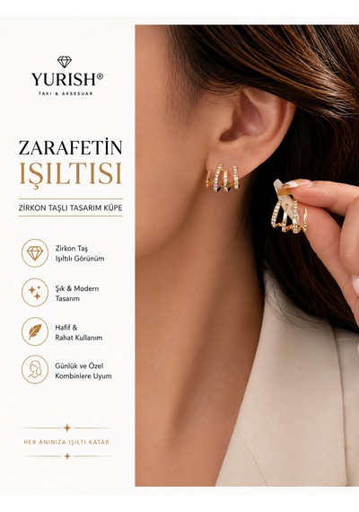 Kadın Gold Zikron Taşlı Tasarım Küpe
