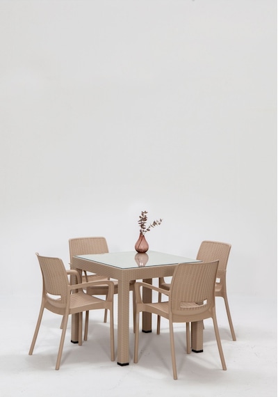 Rattan Small Lüx Camlı Cappucino Masa Takımı Bahçe&balkon 1 Camlı Masa 4 Sandalye Kahverengi