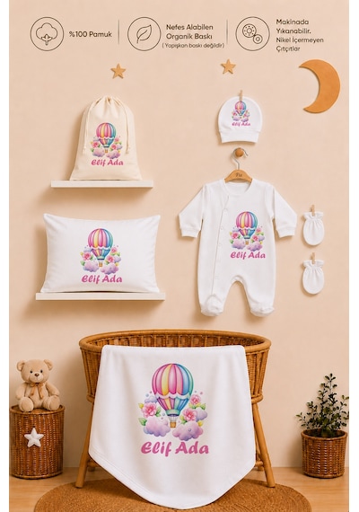 Pia Baby Kız Bebek %100 Pamuk İsme Özel Hastane Çıkışı Hediye Seti Yastık Tulum Battaniye Ve Kese 1049tybk3x Krem