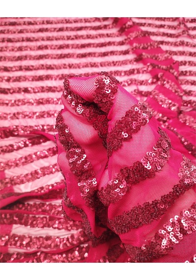 Kırmızı Renkte File Üzeri Enine Pul Payet İşlemeli Kumaş Elbiselik & Bluzluk 125x225cm-12550