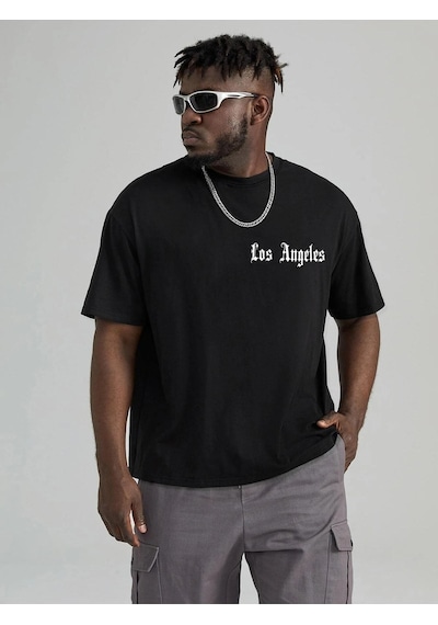 Erkek Siyah Oversiz Los Angeles Baskılı Örme T-shirt Siyah