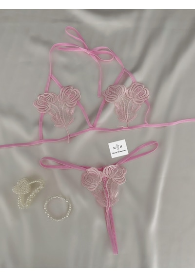 Mh Moony Homewears Sexy Çiçekli İpli Bralet Takımı Pembe