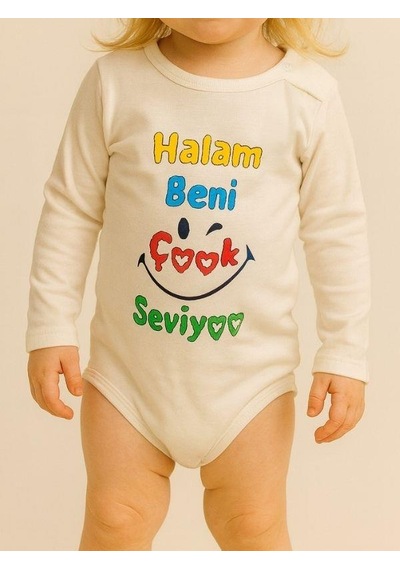 Zekids Bebek Halam Beni Çok Seviyor Yazılı Pamuklu Uzun Kol Çıtçıtlı Body-16094 Ekru