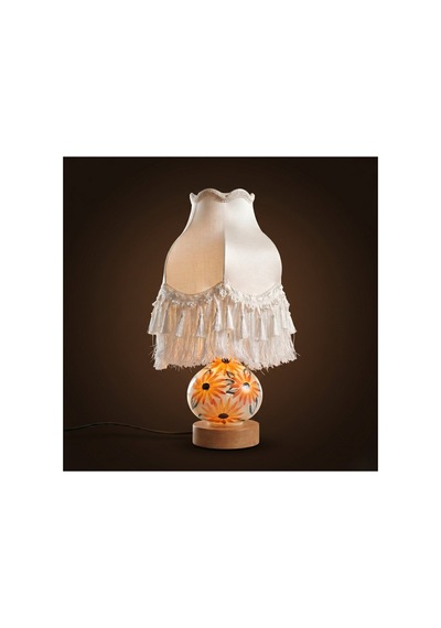 Lumina Artisan: İpek Şapkalı Ve Çiçek Desenli Porselen Abajur - 46 Cm Beyaz