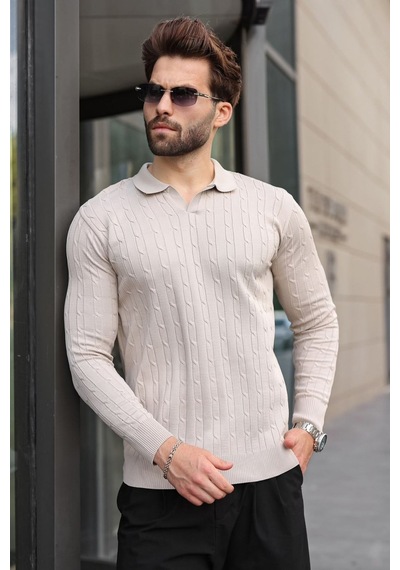 Madmext Taş Polo Yaka Saç Örgü Desenli Erkek Triko Kazak E7519 Taş Rengi