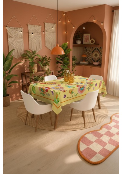 Vivanni Home Yıkanabilir Dikdörtgen Masa Örtüsü Günlük Kullanıma Uygun Pratik Ve Uzun Ömürlü Çiçekli Sarı