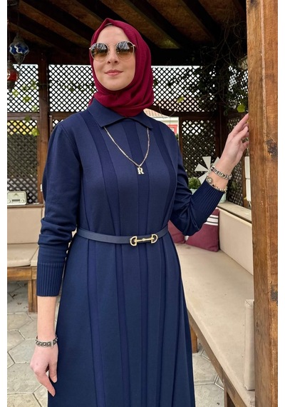 Rabia Şamlı Biricik Kemerli Triko Elbise Lacivert Normal