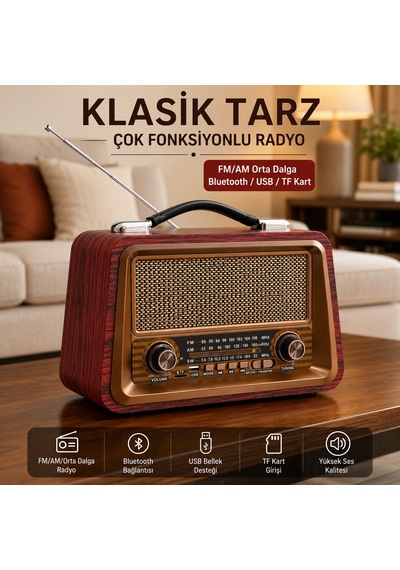 Ultratekno R-2066bt Şarjlı Nostaljik Radyo Bluetooth Usb Tf Kart Type-c Fm Am Sw 3 Bant Retro Radyo
