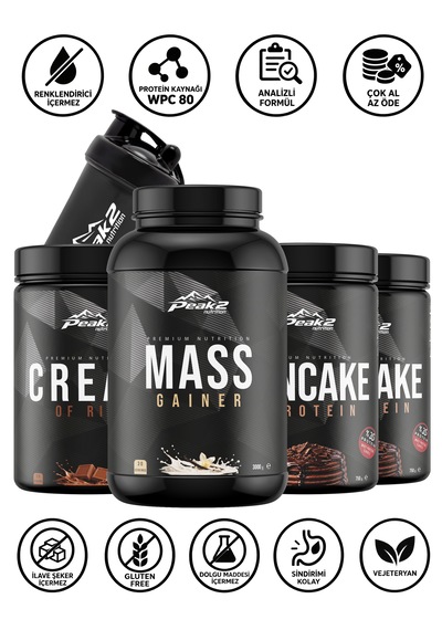 Hacim Paketi 9: Mass Gainer 3 Kg Vanilya + 2 Adet Protein Pancake 2x750 Gr Çikolata + Cream Of Rice 1 Kg Çikolata + Shaker