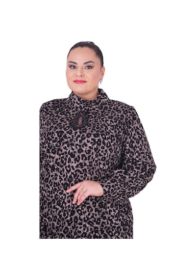 Büyük Beden Leopar Desenli Taş Ve Tül Detaylı Kollu Oversize Uzun Viskon Elbise