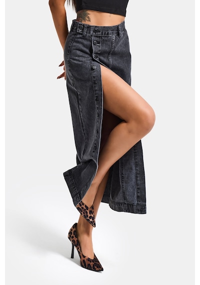 it's basic Kadın Gri Füme Renk Tilia Önü Düğmeli Maxi Boy Denim Etek