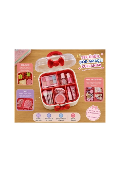 Çok Amaçlı Çocuk Beslenme Kutusu & Organizer Çanta,takı,toka,makyaj Malzemesi, Oyuncak Düzenleyici,bölmeli,taşınabilir Saklama Kutusu,23x23 Cm Krem Ve Bordo
