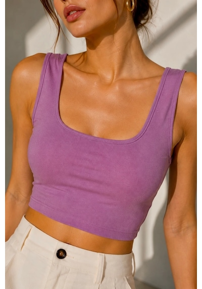 Bb Butik Basic Soft Touch Kare Yaka Crop Bluz Md3549 Lila