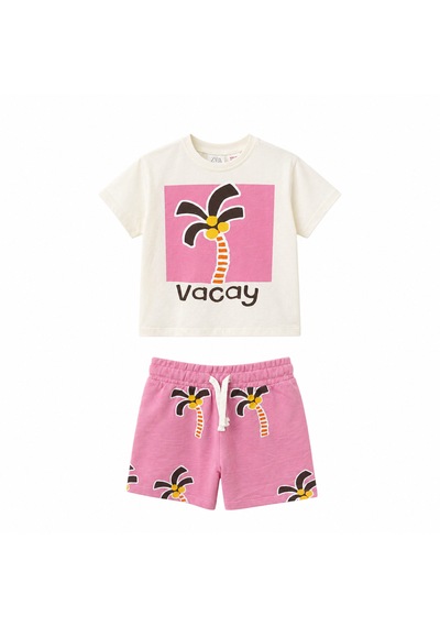 Baby Lory Kids Store Palmiye Detaylı Pembe Takım Beyaz - Pembe