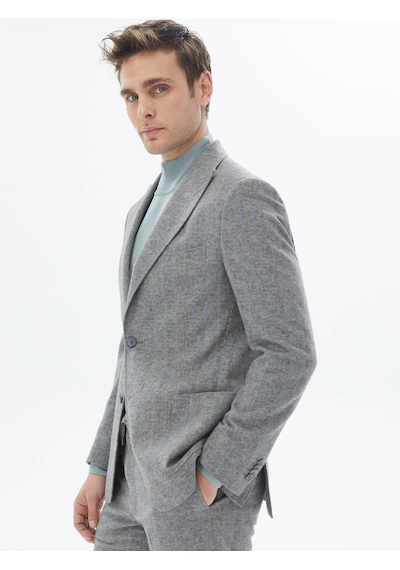 Gri Çizgili Modern Fit Yün Karışımlı Takım Elbise Gri