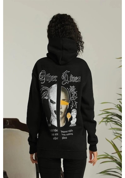 Defymoda Oversize Üç İplik Kapüşonlu Sweatshirt Siyah Other Lives Ön Ve Arka Baskılı, Şardonlu Kışlık, Ra Siyah