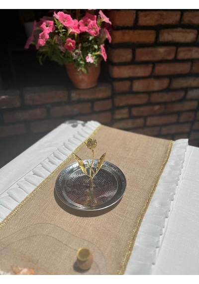 Diletto Hasır Jüt Kumaş Gold Şeritli Tül Fırfırlı Runner Hasır Kahve