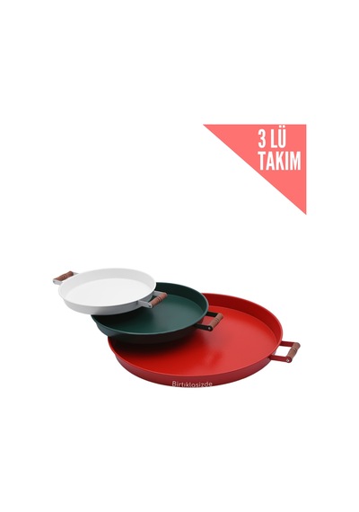 Kitchen Trend 3 Lü Ahşap Kulplu Metal Tepsi Çay Tepsisi Kahve Tepsisi Sunum Tepsi Seti Kırmızı,yeşi