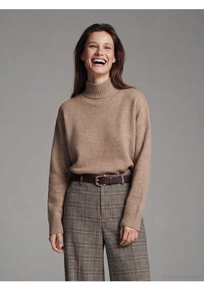 Lcw Vision Bej Yarım Balıkçı Yaka Oversize Kadın Triko Kazak