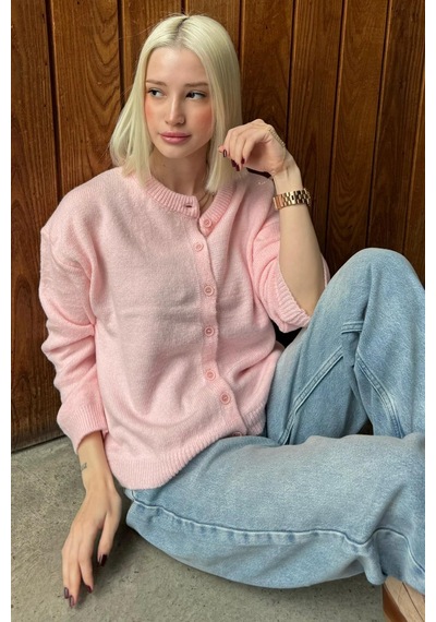 Madmext Pembe Rahat Kalıp Düğmeli Triko Kadın Hırka Mg2552 Pembe
