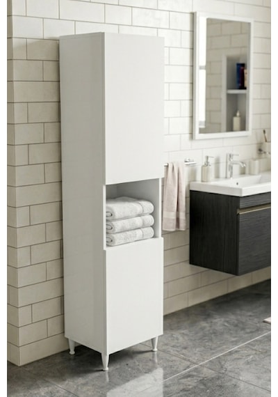 Çamaşır Sepetli Ayaklı Banyo Boy Dolabı, Çok Amaçlı Banyo Dolabı Beyaz