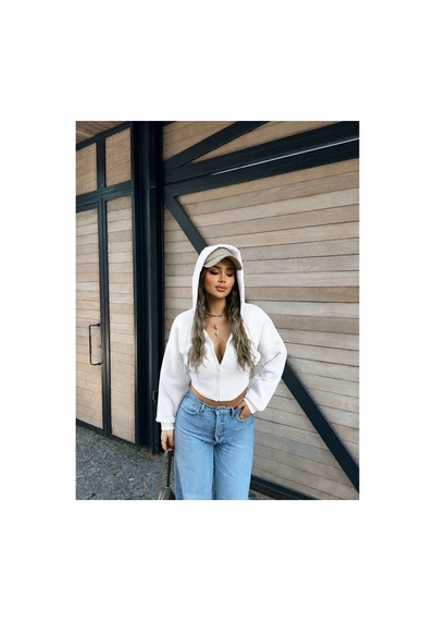 Evoa Kadın Beyaz Oversize Kol Kapüşonlu Crop Hırka