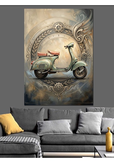 Eski Çerçevede Nostaljik Yeşil Vespa Dekoratif Kanvas - Mdf Ahşap Tablo