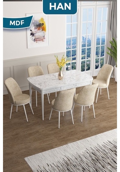 Canisa Han Serisi, 70x114 Açılabilir Mdf Masa Takımı, Beyaz Mermer Desen Masa Ve 6 Krem Sandalye Masa Beyaz Mermer Sandalyeler Krem