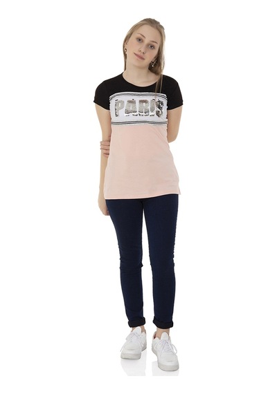 Toontoy Kids Toontoy Kız Çocuk T-shirt Paris Pul Nakış Pudra
