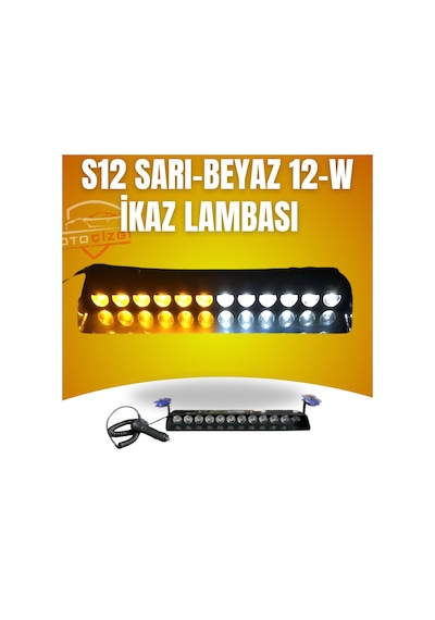 S12 Cam İçi-profesyonel İkaz Lambası Vantuzlu Çakmaklık Girişli- Sarı-beyaz