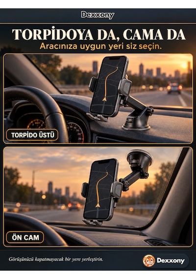 Dexxony A01 Araç İçi Telefon Tutucu Vantuzlu Torpido Ve Cam Uzayan Kol 360 Derece Döner Başlık