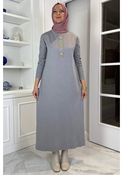 Rabia Şamlı Güneş Triko Elbise Gri Normal