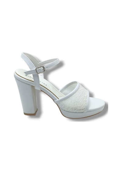 Erbay 320-26 Simli Dantelli Cilt Tek Bant Kalın Topuk Kadın Sandalet 11cm Beyaz