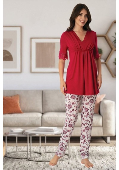 Hamile Çarşısı Effort V Yaka Vişne Lohusa Pijama Takımı 8028 Vişne