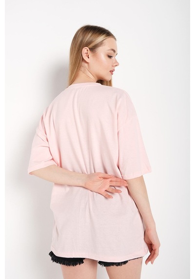 Flood Of Style Kadın Pudra Pembe Kedi Baskılı Oversize Tişört