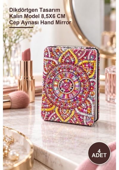 4 Adet Taşlı El Aynası Dikdörtgen Tasarım Kalın Model 8,5x6 Cm Cep Aynası Hand Mirror Genel