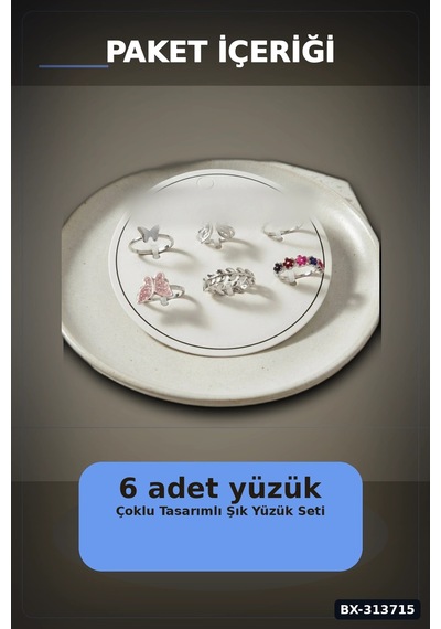 Pirinç 6'li Kelebek Detayli Yuzuk Seti - 7-8 Numara Arasi Gumus Renk Bayan Aksesuari Bx-313715 Çok Renkli