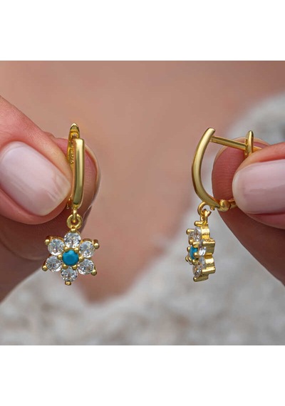 Gümüş Mavi Taşlı Gold Çiçek Kadın Küpe 14 MM-Gümüş