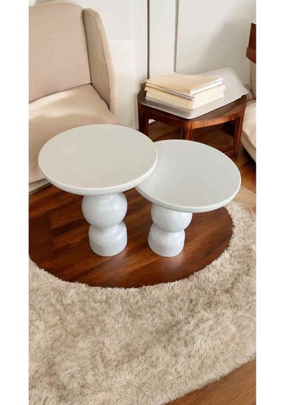 Ahşap Yan Sehpa Seti 2 Li Beyaz Renk Zigon Ve Fiskos Sehpa Beyaz