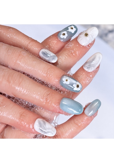 Takma Tırnak Mavi Nail Art Kısa Oval 10'lu Tekrar Kullanılabilir El Yapımı Protez Takma Tırnak M