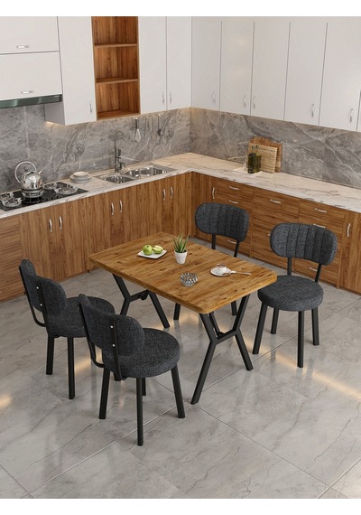 Azra 70x110cm Atlantik Mutfak Masası, Mutfak Masası Takımı, Yemek Masası, 4 Antrasit Sandalye Açık Gri