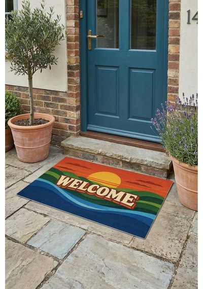 Valerine Life Retro Gün Batımı Welcome Dijital Baskılı Ev Ofis İşyeri Dış Kapı Önü Paspası 45x70cm Kahverengi