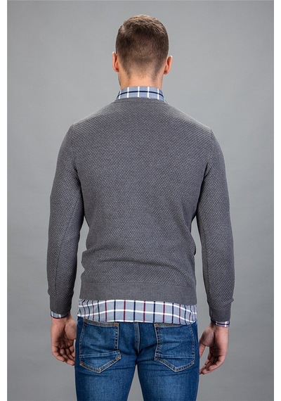Tudors Slim Fit Dar Kesim Bisiklet Yaka Petek Desenli Erkek Kazak-15154 Gri