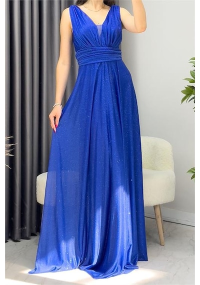 Neşeli Butik Kadın Saks Drapeli Tül Abiye Elbise Nb2030 Saks