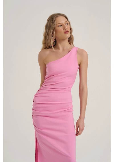 Quzu Yırtmaç Ve Büzgülü Elbise Pembe Pembe