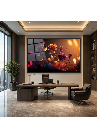 Bokeh Işığında Kırmızı Güller Siyah Çerçeveli Cam Tablo