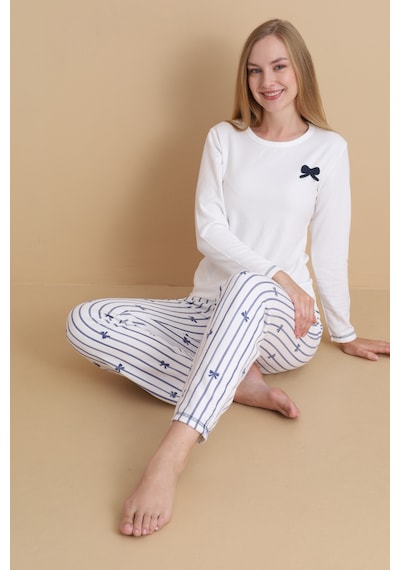 Wordex Mırano 3101 Waffle Soft Kumaş Fiyonk Desenli Kışlık Ev Kadın Pijama Takımı Ekru