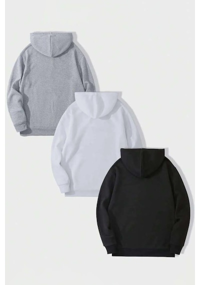 Uyguntarz Unisex Düz 3' Lü Baskısız Kapüşonlu Oversize Sweatshirt Beyaz