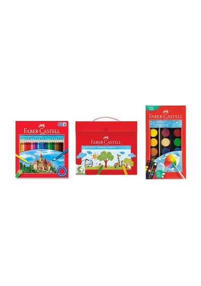 Faber Castell Full Okul Boyama Seti 24 Renk Kuru Boya + 24 Renk Pastel Boya + 21 Renk Sulu Boya Üçlü Paket Çok Renkli