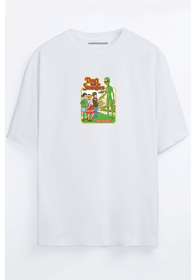 Dont Talk Strangers Uzaylı Unisex Siyah - Beyaz Oversize T-shirt Beyaz